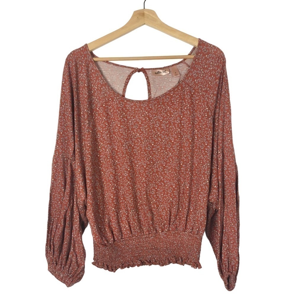 Willow + Root Red Ditsy Floral Open Back Smocked Waist Long‎ Sleeve S